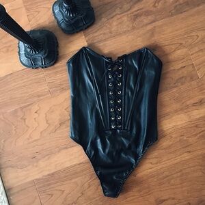 Victoria’s Secret Black Love Letters Faux Leather Teddy Bodysuit, NWT, Lace Up